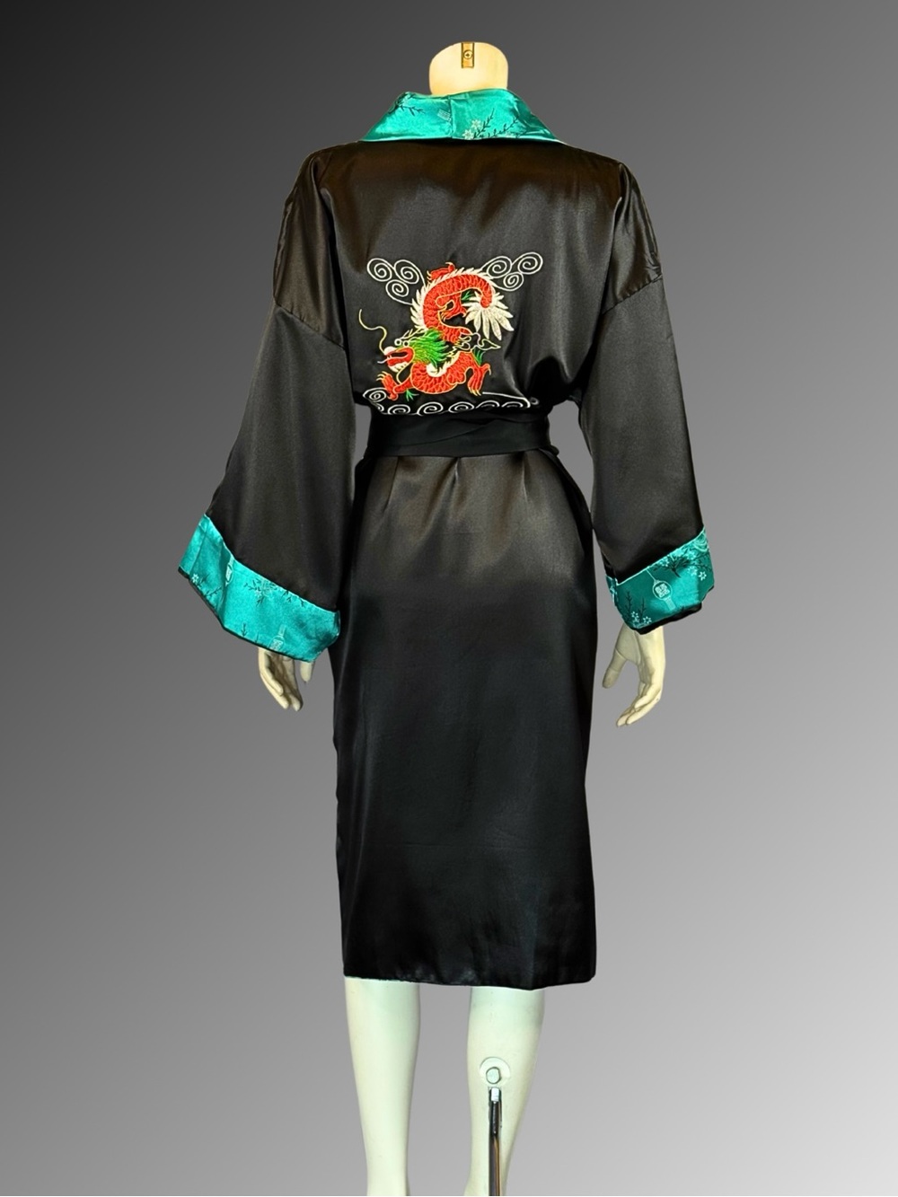 90s Reversible Teal & Black Satin Dragon Asian Kimono Robe | L XL